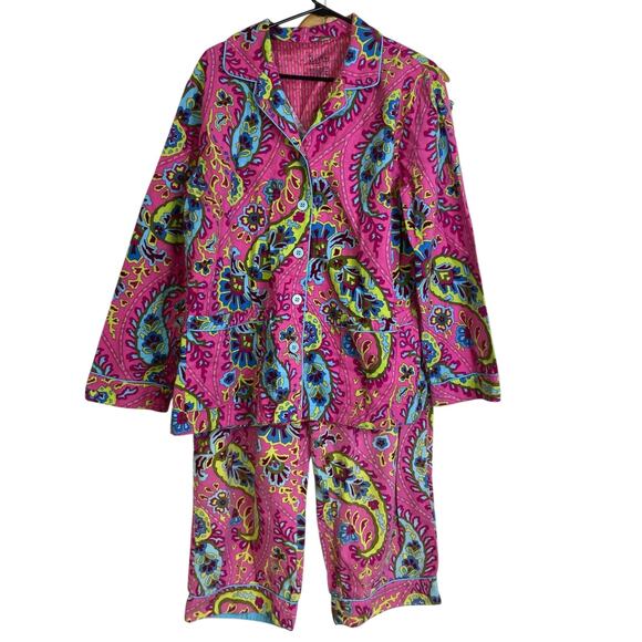 Nick & Nora Flannel Pajamas 2XL Pink Multi Paisley Sleep Button Up Drawstring * - Picture 1 of 15